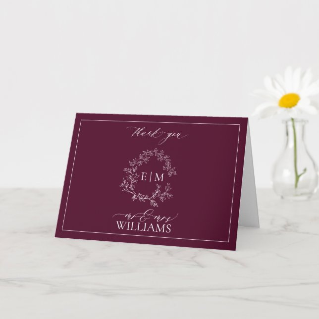 Burgundy Leafy Crest Monogram Photo Thank You Card (Small Plant)