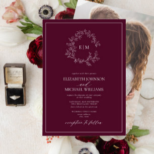 Burgundy Leafy Crest Monogram Photo Wedding  Invitation