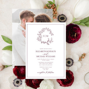 Burgundy Leafy Crest Monogram Photo Wedding  Invitation