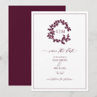 Burgundy Leafy Crest Monogram Save the Date