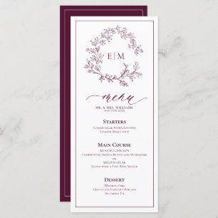 Burgundy Leafy Crest Monogram Wedding Menu