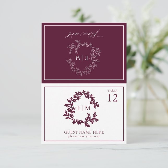 Burgundy Leafy Crest Monogram Wedding Place Card (Standing Front)