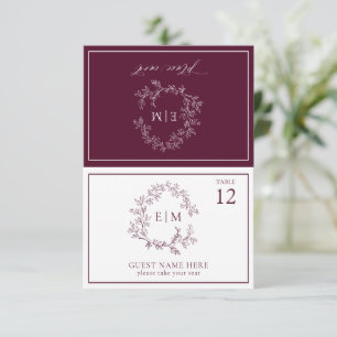Burgundy Leafy Crest Monogram Wedding Place Card