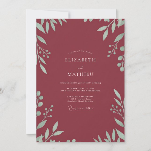 Burgundy Leafy Wedding Invitation (Front)