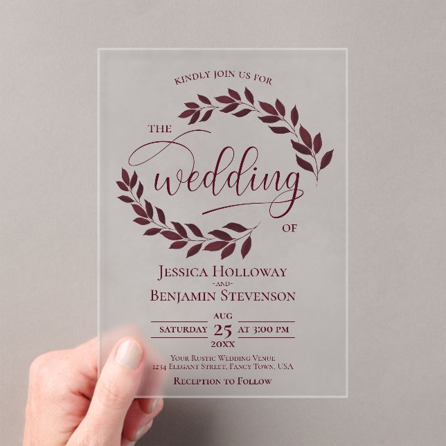 Burgundy Leaves Elegant Modern Script Wedding Acrylic Invitations (Insitu (Handheld))