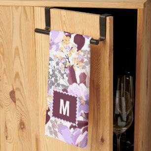 Burgundy Leaves Purple Floral Pattern Monogram Tea Towel