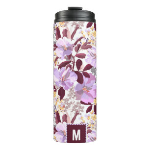 Burgundy Leaves Purple Floral Pattern Monogram Thermal Tumbler