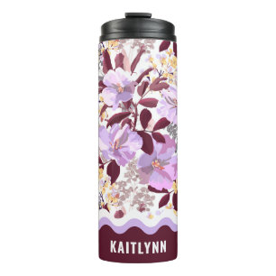 Burgundy Leaves Purple Floral Pattern Personalised Thermal Tumbler