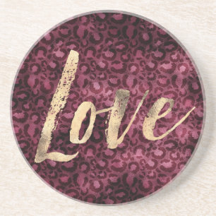Burgundy Leopard Print Gold Love Coaster