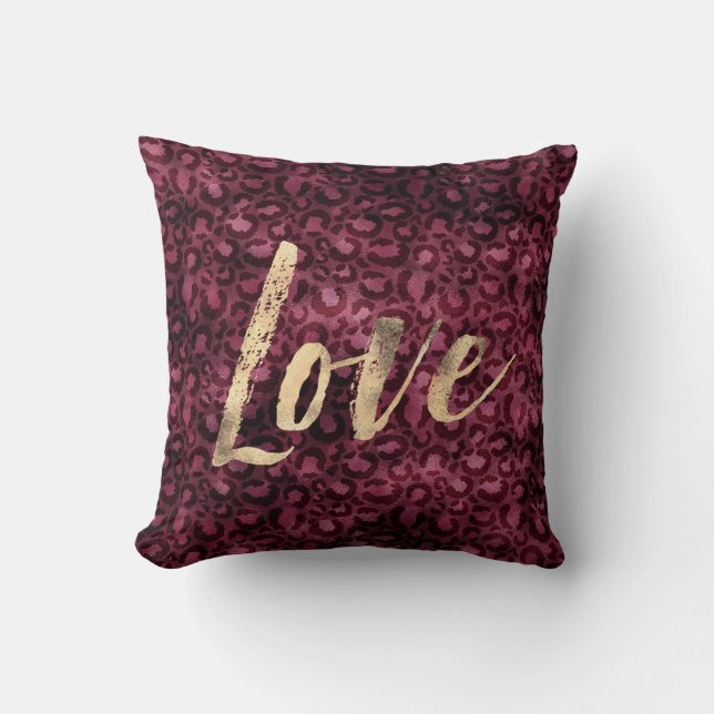 Burgundy Leopard Print Gold Love Cushion (Front)