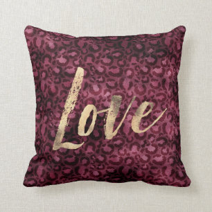 Burgundy Leopard Print Gold Love Cushion