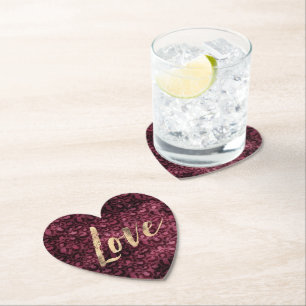 Burgundy Leopard Print Gold Love Paper Coaster