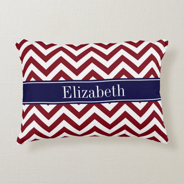 Burgundy Lg Chevron Navy Blue Name Monogram Decorative Cushion (Front)