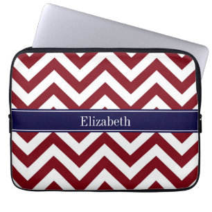 Burgundy Lg Chevron Navy Blue Name Monogram Laptop Sleeve