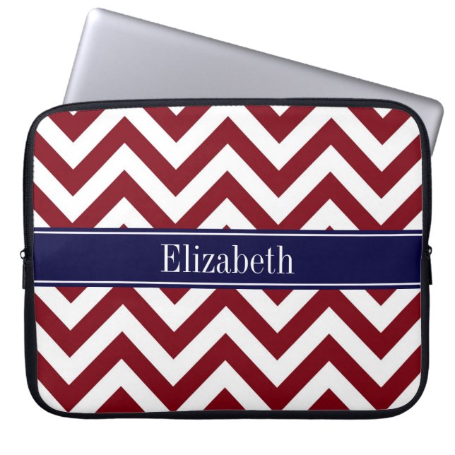 Burgundy Lg Chevron Navy Blue Name Monogram Laptop Sleeve (Front)