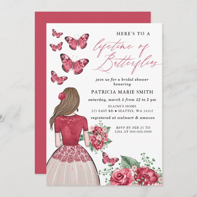Burgundy Lifetime of Butterflies Bridal Shower Invitation (Front/Back)