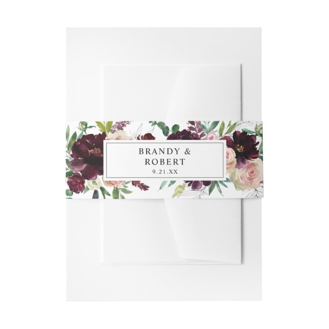 Burgundy & Light Pink Blush Floral 3 Invitation Belly Band (Front Example)