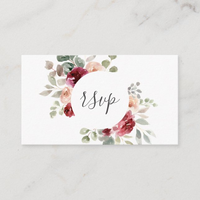 Burgundy Light Pink Flowers Greenery Wedding RSVP Enclosure Card (Front)