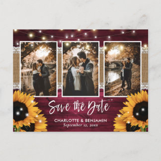 Burgundy Lights Sunflower 3 Photo Save The Date Announcement Postcard
