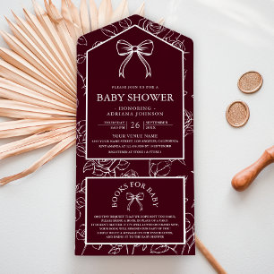 Burgundy Line Art Coquette Bow Baby Shower All In One Invitation