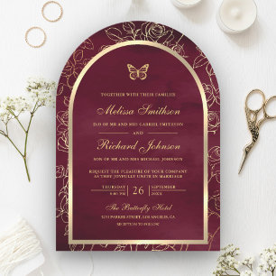 Burgundy Line Art Gold Arch Butterfly Wedding Invitation