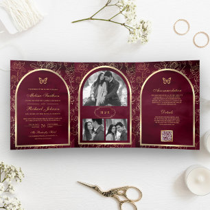 Burgundy Line Art Gold Arch Butterfly Wedding Tri-Fold Invitation