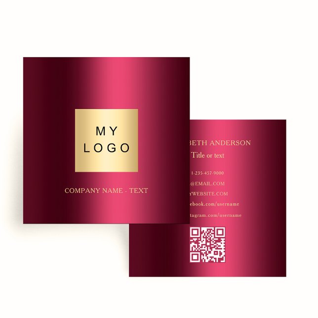 Burgundy logo QR code social media icons premium Square Business Card (Creator Uploaded)