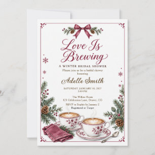 Burgundy Love Is Brewing Winter Bow Bridal Shower Invitation