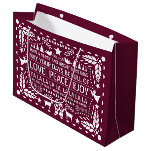 Burgundy Love Peace Joy papel picado Christmas Large Gift Bag