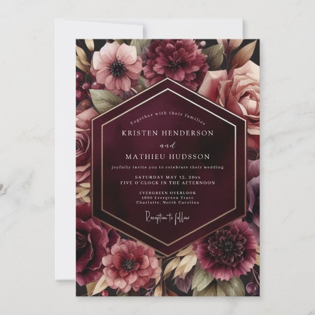Burgundy Luminous Flora Wedding Invitation (Front)