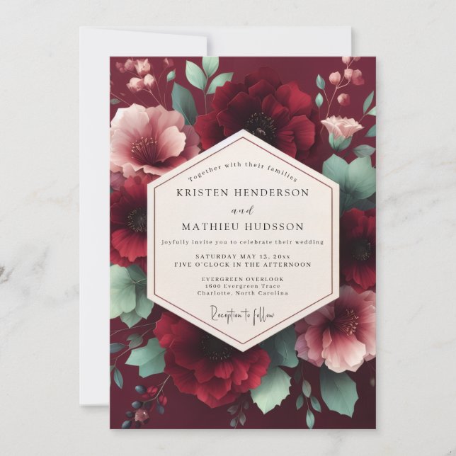 Burgundy Lush Floral Romance Wedding Invitation (Front)
