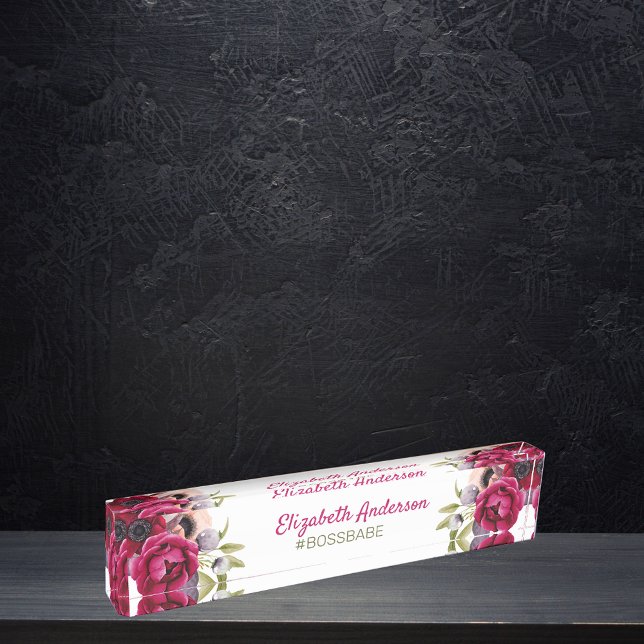 Burgundy lush florals white bossbabe name nameplate (Creator Uploaded)