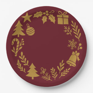 Burgundy Luxurious Gold Wreath Classic Christmas Paper Plate