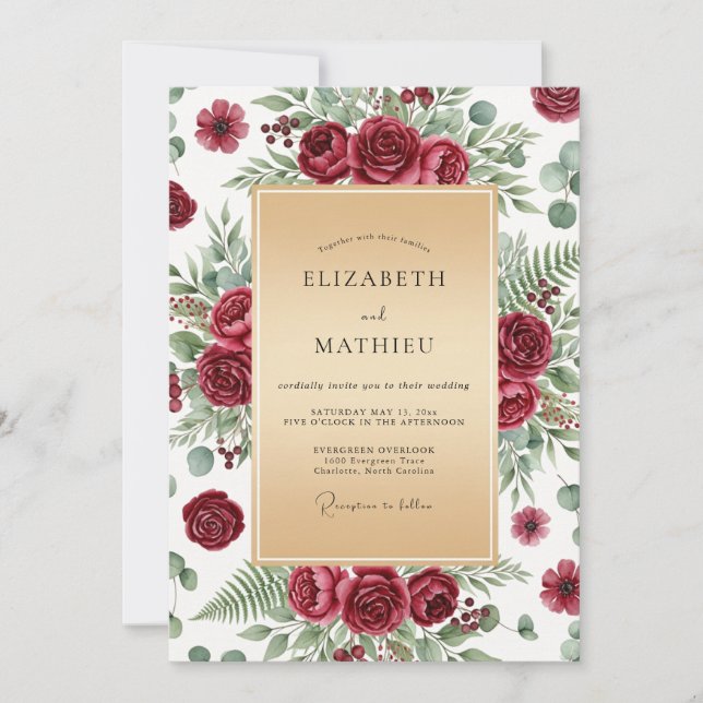 Burgundy Luxurious Winter Wedding Invitation (Front)