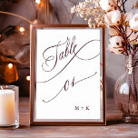Burgundy Luxury Calligraphy Wedding Number 1, Table Number<br><div class="desc">Table 1. Please check all available numbers. | Luxury and elegant swirly calligraphy wedding table number with your initials.  For more advanced customisation of this design,  please click the BLUE DESIGN TOOL BUTTON above!</div>