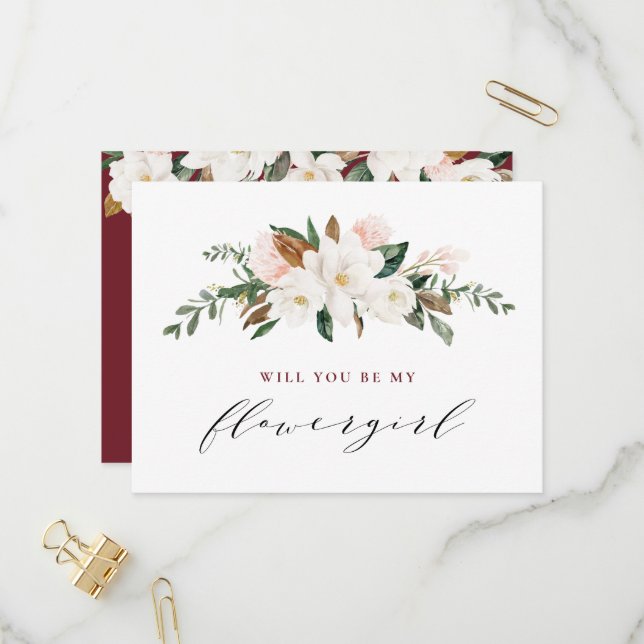 burgundy magnolia will you be my flowergirl card (Front/Back In Situ)