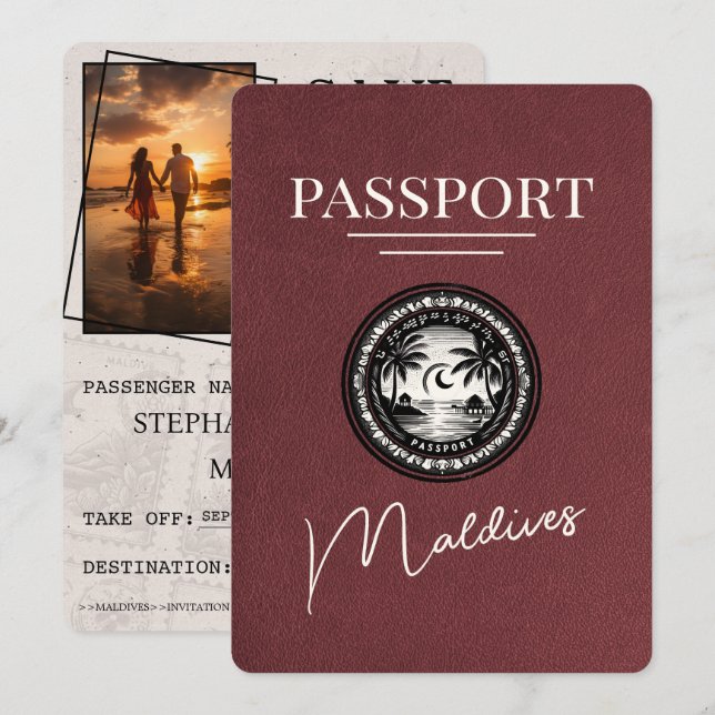 Burgundy Maldives Passport Save The Date (Front/Back)