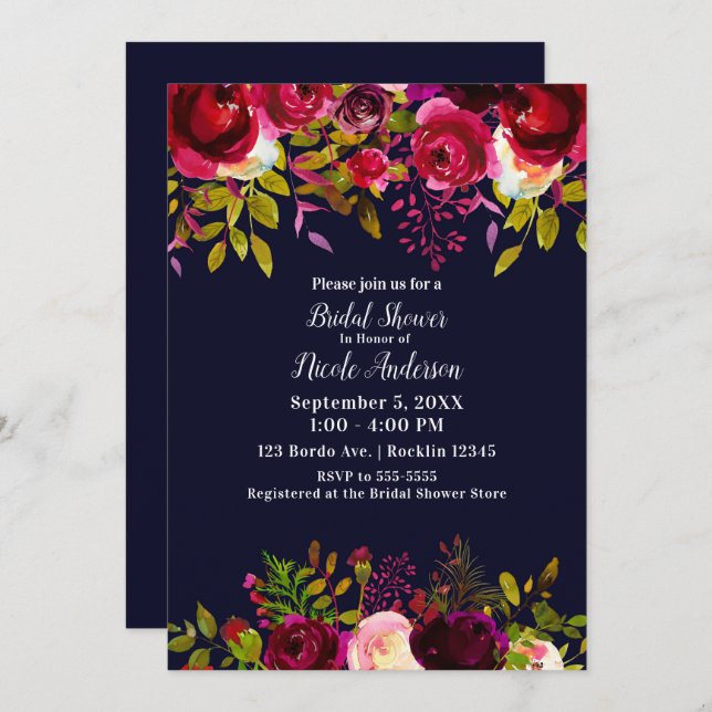 Burgundy Maroon Blue Fall Floral Bridal Shower Invitation (Front/Back)