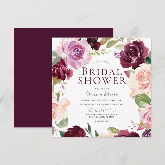 Burgundy Maroon Blush Floral Wreath Bridal Shower Invitation (Front/Back)
