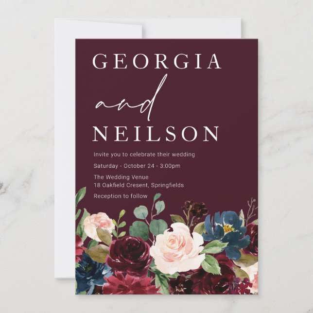Burgundy, Maroon Botanical Fall Or Spring Wedding Invitation (Front)