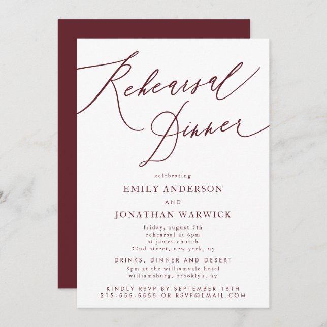 Burgundy Maroon Calligraphy Wedding Rehearsal Invitation (Front/Back)