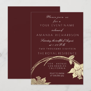Burgundy Maroon Champaign Gold Floral Wreath Invitation