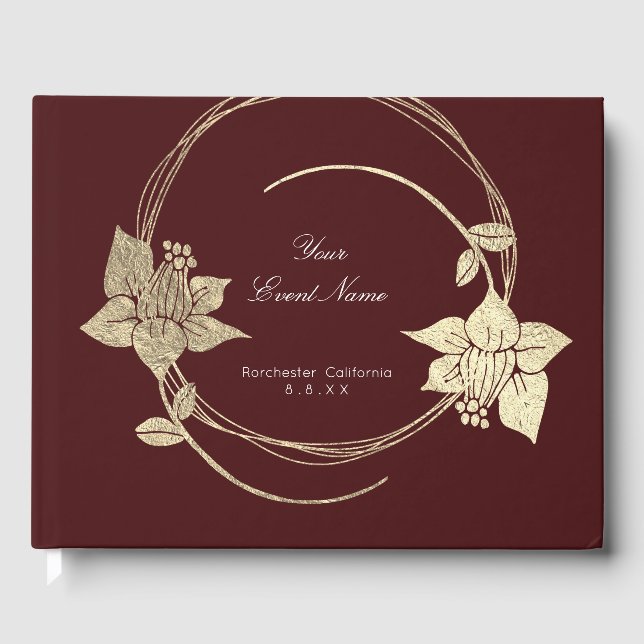 Burgundy Maroon Champaign Gold Floral Wreath Lux Guest Book (Front)