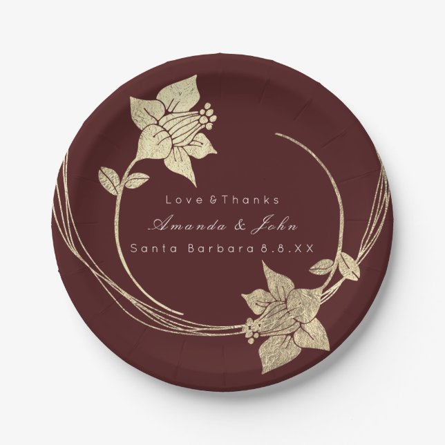 Burgundy Maroon Champaign Gold Floral Wreath Lux Paper Plate (Front)