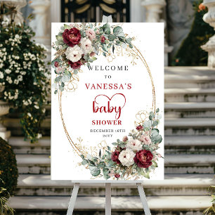 Burgundy Maroon Floral Gold Baby Shower Welcome Poster