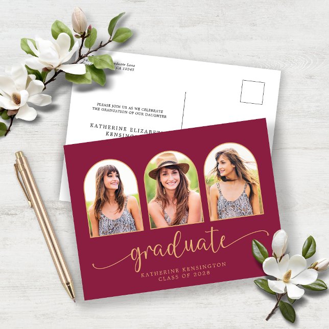 Burgundy Maroon Gold Arch 3 Photo Graduation Announcement Postcard (Burgundy Maroon Gold Arch 3 Photo Graduation Announcement Postcard)