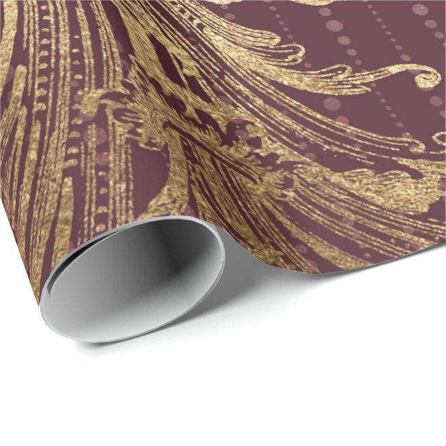 Burgundy Maroon Gold Damask Bridal Royal Ornamenta Wrapping Paper (Roll Corner)