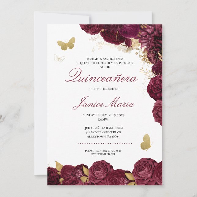 Burgundy Maroon Gold Floral Butterfly Quinceañera Invitation (Front)