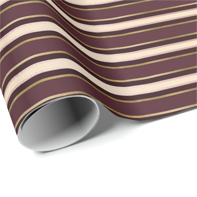 Burgundy Maroon Gold Ivory Stripes Lines Elegant Wrapping Paper (Roll Corner)