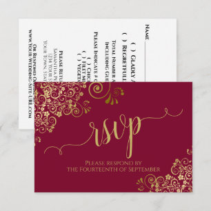 Burgundy Maroon & Gold Lace Calligraphy Wedding RSVP Card